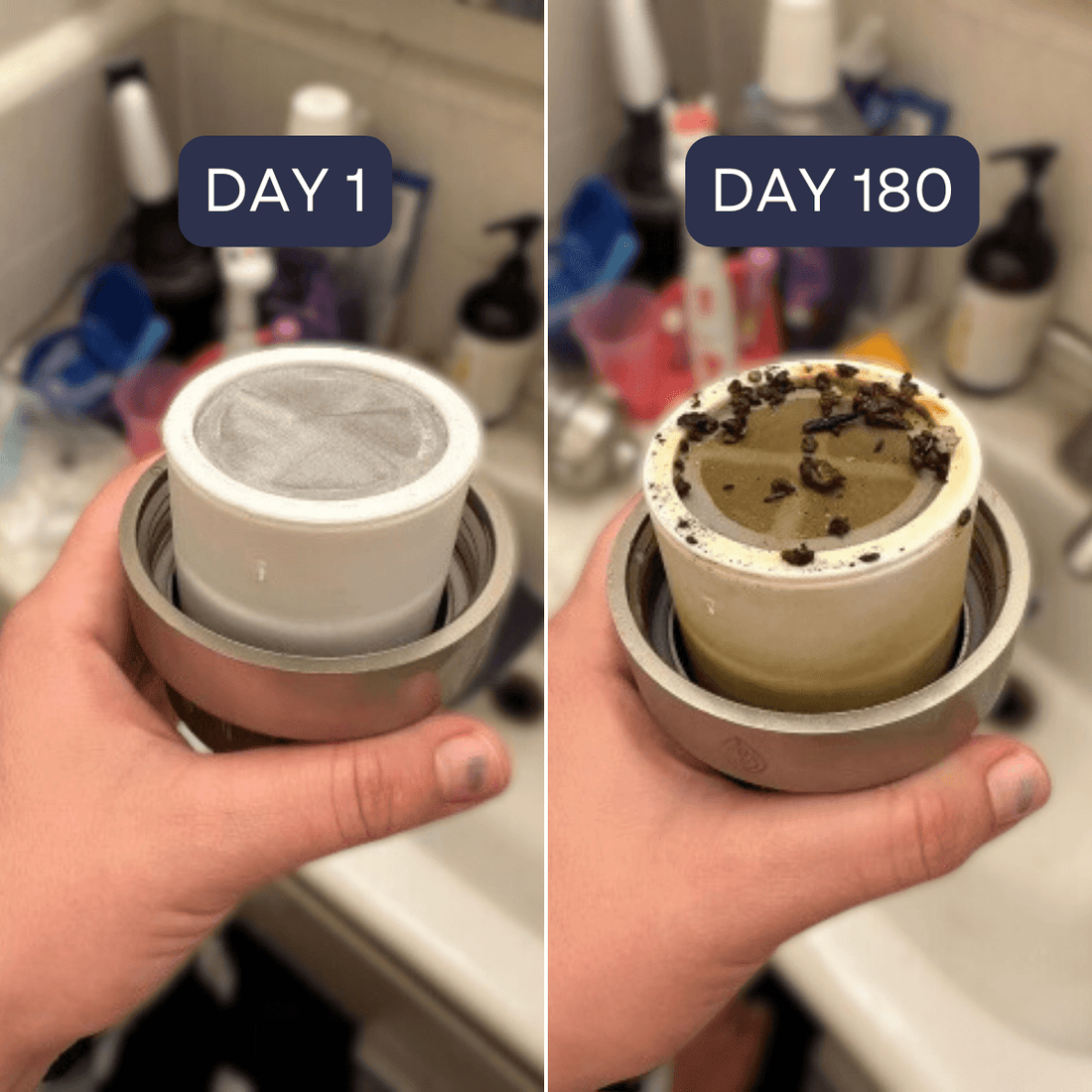 Used GoodFor shower filter replacement cartridge after 90 days, showing captured sediment and particulate next to a clean cartridge